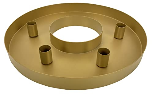 Deko Tablett rund aus Metall als Kerzenhalter, Kerzenständer mit Magnet für Stabkerzen (Gold)