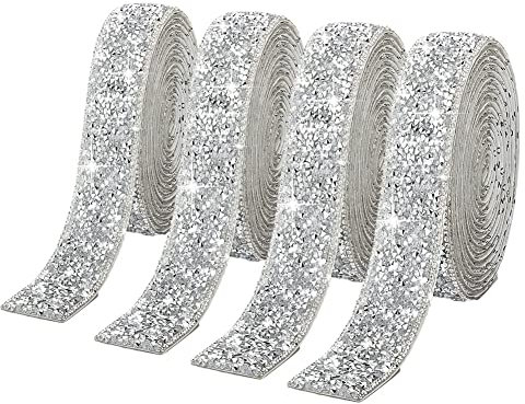 4 Rolls Silver Glitter Resin Rhinestone Ribbons Self-Adhesive Belt Sparkling Diamond Bling Stickers Wrap Crystal Roll for DIY Arts Crafts,10mm