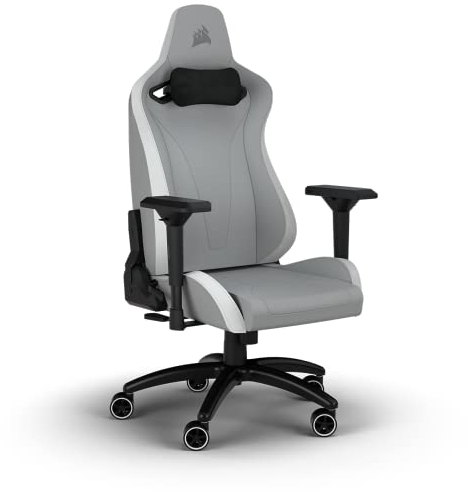 Corsair TC200 Gaming-Stuhl aus Kunstleder, Standard Fit (Langanhaltenden Komfort, Bezug aus Weichem Kunstleder, Integrierte Lendenstütze aus Schaumstoff, 4D-Armlehnen) Hellgrau/Weiß