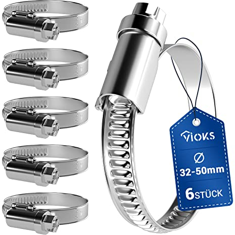 VIOKS Schlauchschellen SET 6x 32-50mmØ Schlauchschellen Chromstahl W2 / Schlauchklemmen Set/Schlauchschellen Sortiment/Schellen Poolschlauch/Schlauch Schelle/Schelle Waschmaschinenschlauch