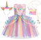 Emin Mädchen Einhorn Prinzessin Kleid Mit Accessoires - Kinder Verkleidung Kostüm für Geburtstag, Party, Halloween, Karneval, Bühnen Aufführung, Cosplay