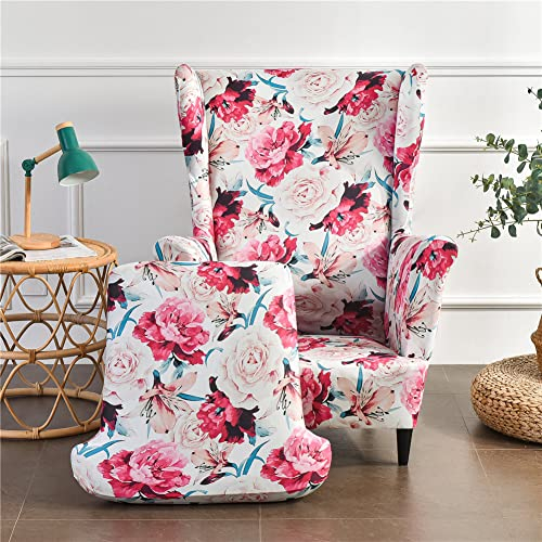 Highdi 2-Teilig Ohrensessel Überzug, Sessel-Überwürfe Ohrensessel Luxuriös Rose Drucken Schonbezüge Bezug Sesselhusse Strandmon Tiger Stuhlbezug mit Armlehne Hohe Rückenlehne (Rosa)