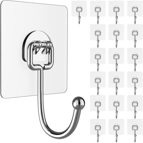 20PCS Self Adhesive Hooks 44lb(Max), Waterproof for Bathroom, Kitchen and Home Reusable, Large Wall Hooks for Hanging Heavy Duty, Damage Free Stick on Hook