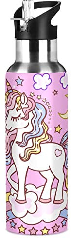 Borraccia in acciaio inox con cannuccia, simpatico unicorno fumetto su una borraccia isolata arcobaleno, per bambini, adulti, a tenuta stagna, 1 l