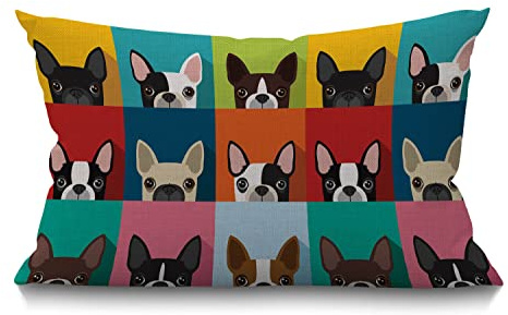 BGBDEIA Dog Cushion Cover Funny Boston Terrier Face Art Portrait Icon Cotton Linen Decorative Rectangular Throw Pillow Cover Pillowcase for Sofa and Bed Couch 12X20 30 x 50 cm