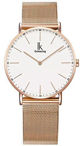 Alienwork IK Armbanduhr Herren Damen Roségold Metall Mesh Armband Edelstahl Weiss Ultra-flach