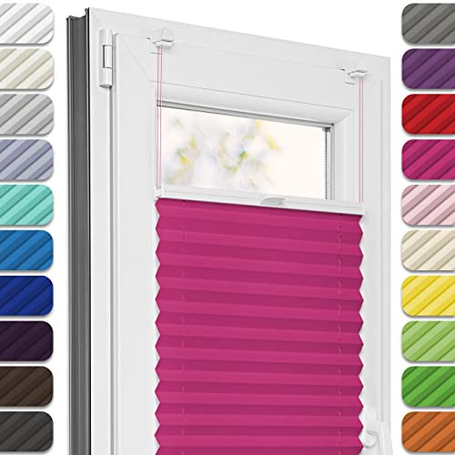 Estika Plissee ohne Bohren, Premium Klemmfix - 85cm Breite x 120cm Höhe - Himbeere - Metal Plisseehalter ohne Bohren, Modern Sichtschutz für Fenster, Jalousien Fenster für innen