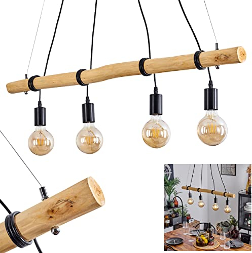 HOFSTEIN Pendelleuchte Lantic, Pendellampe aus Metall/Holz in Schwarz/Natur, Hängeleuchte im vintage Design mit verstellbarer Höhe max. 120 cm, 4-flammig, 4 x E27, für Esszimmer, Wohnzimmer, Küche