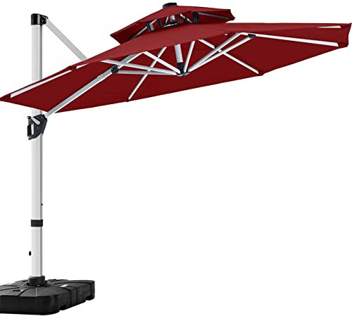 ABCCANOPY 3.3 M Cantilever Parasol Double Top Round Patio Umbrella Outdoor Offset Umbrella with 360° Rotation,Burgundy-Double Roof