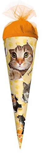 ROTH Geschenk-Schultüte klein Katzenparty 22 cm - rund Tüllverschluss - Zuckertüte Schulanfang