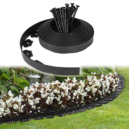 Randaco Flexible Rasenkante aus Kunststoff, mit 150 Erdanker Plastic Beeteinfassung, Schwarz Flexible Rasenkante Wurzelsperre System, Pflastersteine Mähkante, Länge 50m Höhe 5cm
