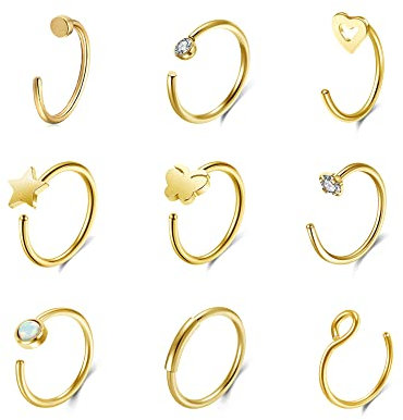PiercingJak 9Pcs Piercing Nez Or Faux Piercing Anneau Nez Doré Anneau de Nez Acier Inoxydable Strass Piercing Septum Tragus Hélix Cartilage Boucle d'oreille Bijoux de Corps Femme Homme