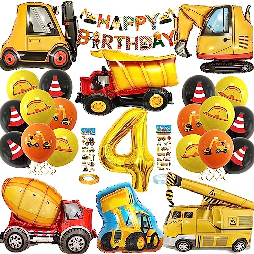 NAOLIU Bagger Geburtstag Deko 4 Jahre, Bagger Luftballon 4. Geburtstag Junge, Baustellen Party Kindergeburtstag, Geburtstagsdeko 4 Jahre Junge mit Tortendeko Baustelle
