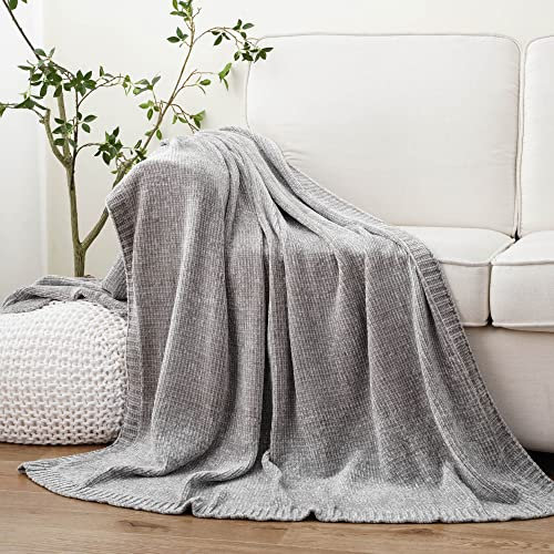 BATTILO HOME Grey Throw Blanket Chenille Knit, Large Soft Blanket 130x170cm, Warm, Cozy, for Sofa, Couch, Armchair, Bed, Home Decor