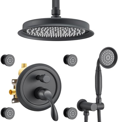 DASAN Antike Duscharmatur-Sets Komplettes Regenduschsystem in der Wand mit Duschsprühstrahlen, mattschwarze Duscharmaturen mit Regendusche, Handbrause, Duschventil und Zierleiste, AT249C-MB