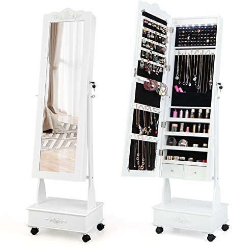 RELAX4LIFE Armoire à Bijoux sur Pied à Roulettes avec Miroir Pleine Longueur, Armoire Bijoux Mobile avec Grand Tiroir, Miroir avec Rangement Bijoux pour Dressing Chambre (Blanc)