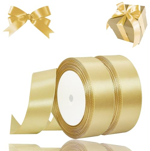 2 Rollen Satinband Gold, 22 Meters Geschenkband Breit 25mm, Geschenkband Hochzeit Stoff, Schleifenband, Golden Geschenk Band Geschenkbänder für Taufe Geburtstag Deko Geschenkverpackung