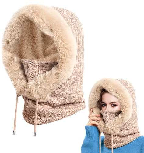 CAREDGO Wintermütze, 2 in 1 Strickmützen Warme Mütze Ohrenklappen Winddichte Mütze Winter Sturmhauben Beanie Wintermütze mit Gesichtsmaske in L Size Skimütze aus Polyesterfaser für Fraun (52-62cm)