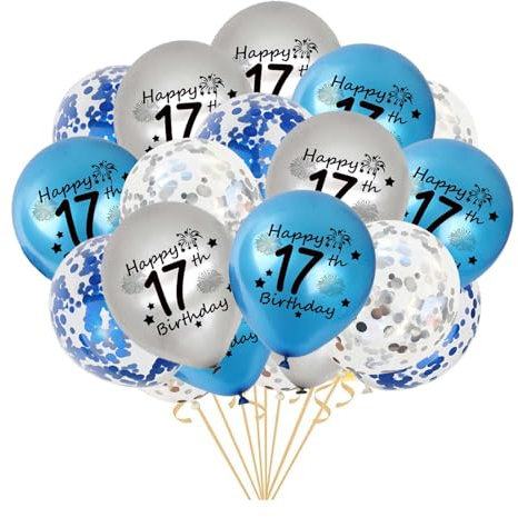 17.Geburtstag Luftballons, 20 Stück Blau Silber Happy 17. Geburtstag Latex Konfetti Ballon Bänder zum Jungen 17 Jahre Geburtstag Deko Jungen(17.)