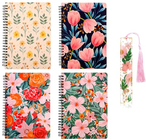 Kareeran 4 Stück notizbücher a5 spiralbindung, notizbuch Block Liniert Roségold Geprägtem Cover mit Blume Lesezeichen für Büro Schule Haushalt Business Schreiben Notizen 21 x 14.5 cm