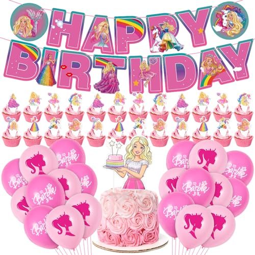 46 Pezzi Kit Decorazioni di Compleanno Bambina, Principessa Decorazione per Feste, Barbie Palloncini Buon Compleanno Banner Cake Toppers per Decorazioni Compleanno Bambina