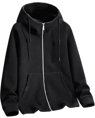 PEGENO Giacca in pile da uomo, leggera, con cerniera intera, con cappuccio, calda, antivento, casual, foderata in pile, nero, X-Large