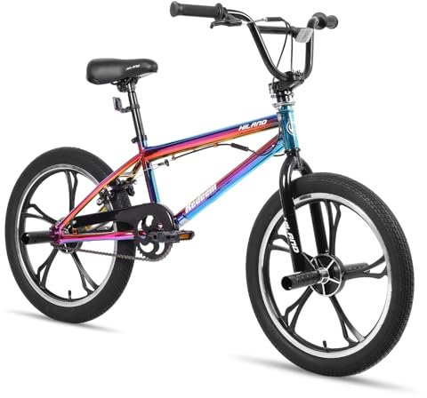 Hiland 20 Inch 5 Spoke Kids BMX Bike for Boys Girls Ages 7-13, 360 Degree Rotor Freestyle, 4 Pegs Single Speed Kid’s BMX Bicycle, Rainbow