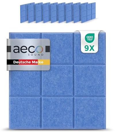 Aeco Sound® - Panneaux Acoustiques en Feutre | 9 pièces de 30x30cm | auto-adhésifs | feutre acoustique extra épais de 1,5cm | isolation phonique, réduction de bruit (Bleu)