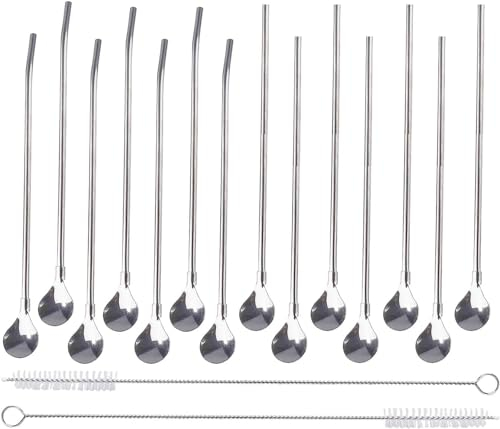 14 Pieces Stainless Steel Drinking Straws Spoons, BetterJonny Drinking Straws Spoons, 2 in 1 Reusable Straws, Spoon, Spoon Straws, Ideal as Latte Macchiato and Cocktail Spoon (Silver), long
