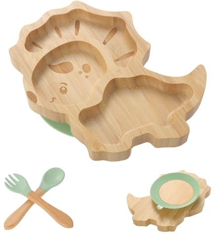 Coptiner Kinder und Kleinkinder Bambus Teller,Rutschfester Babyteller,Baby Saugnapfplatte,Baby Geschirr Set,Saug-Fütter-Teller,Kindergeschirr-Set für Babys ab 3 MonatenRutschfest,4er-Set (Dinosaurier)
