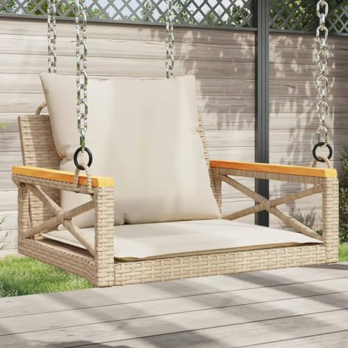 Keyroto Hängebank Hängebank Outdoor Gartenschaukel Outdoor Schaukelbank mit Kissen Poly Rattan Beige 63x62x40 cm