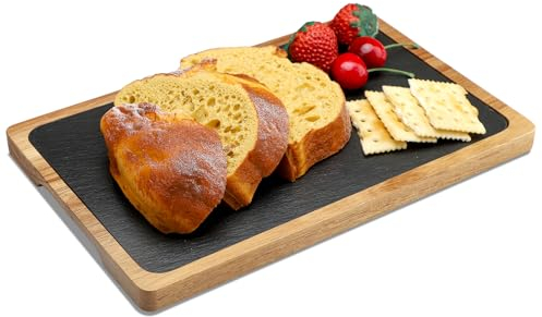 WLWNWFT Tabla de servir de madera de acacia con placa de pizarra, perfecta como tabla de barbacoa, tabla de carne, accesorio para carne y hamburguesas, elección ideal para regalo y decoración de tabla