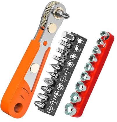 SIGANDG Cliquet Tournevis Magnétique, 10 pièces, tournevis à angle droit à cliquet 1/4, jeu de 9 douilles métriques pour espaces restreints, avec Phillips, fente, Torx, hexagonale