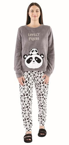Sorbetto Pigiama lungo da donna, in pile con motivo animale, grigio/nero, con orso panda, taglia L, grigio/nero con orso panda, L