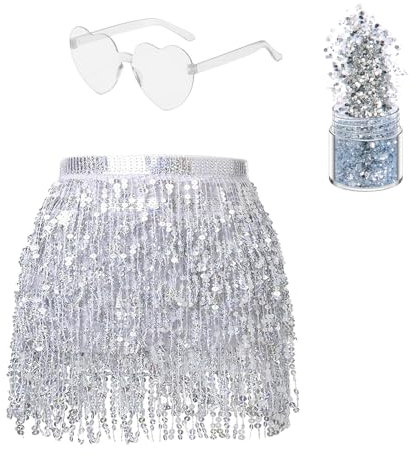 Goldener Glitzer Rock Damen Bauchtanz Hüfttuch Glitzer Rock Glitzer und Brille Karneval QuastenRock für Damen (DE/NL/SE/PL, Alphanumerisch, Einheitsgröße, Regular, Regular, Silber)