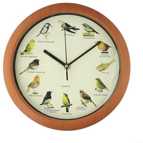 Oniissy 25,4 cm große singende Vogel-Wanduhr, analoge Wanduhr, 12 verschiedene Vogelstimmgeräusche, mit stündlichen Vogelstimm-Ankündigungen, 22-17 Uhr Vogelruf-Stopp