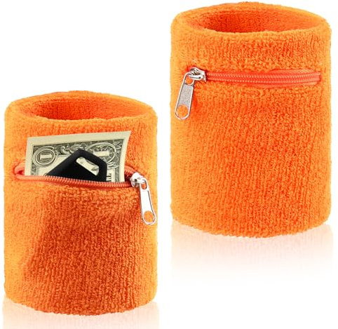 2 Pcs Schweißband mit Reißverschluss, Sweatband Sports Wristband, Schweißband mit Tasche,Thickened Cotton Wrist Bag, Schweißband Handgelenk mit Reißverschluss für Basketball Fußball & Fitness, Orange