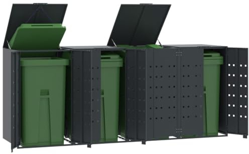 Emmtore Mülltonnenbox 4er Tonnen, Kapazität bis 240L, Aus witterungsbeständig pulverbeschichtetem Stahl mit Automatikdecke, Tonnenhaus, Garten Müllbox,Anthrazit,4 * 240 L