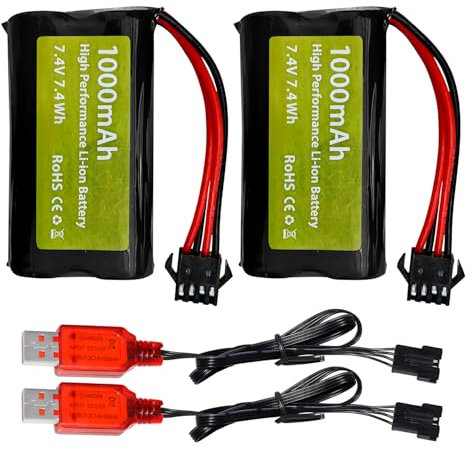 ZYGY 2PCS 7.4V 2S 1000mAh Li-ion Battery SM-4P Plug with USB Charger for M416 Electric Gel Bullet Toy Gun EC16 DE85 RC Toy Car Model Buggy Battery