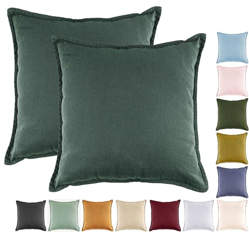 JACK by Mistral 2er Set 45x45cm Kissenhülle Kissenbezug Baumwolle Reißverschluss Leinenoptik, Farbe:Dunkelgrün