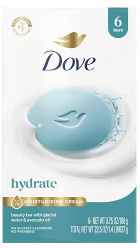 Dove Beauty Bar 6 Pack Hydrating with Glacial water & Avocado oil Cleanses & Hydrates 3.75 Oz