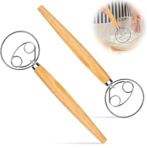 2 Pezzi 13 Pollici Frusta Danese Impasto con Manico Legno, Miscelatore Manuale Stile Olandese Acciaio Inox, Strumenti Cucina Mano per Produzione Pane, Dolci, Dessert, Pasta, Pizza, Pasticceria