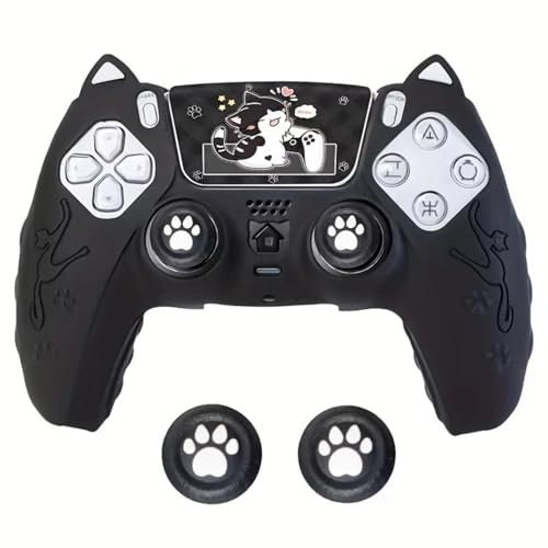 Süße Katze Thema Silikon Hülle für PS5 Controller mit Daumengriffen und Touchpad-Aufklebern - Weiche, bequeme Schutzhülle Set, Anti-Rutsch und schweißresistent, für Sony PlayStation 5