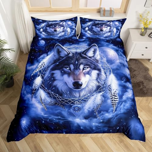 Homewish Wolf Wildtiere Bettwäsche Federn Traumfänger Bettbezug Set 155x220 | Jungen Mädchen Jugendliche Sternenhimmel Polarlicht Planet Modern Ästhetisch Bettwäscheset Tierliebhaber Zimmerdekor