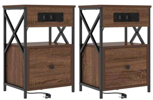 vidaXL Set of 2 Brown Oak Bedside Tables with Metal Frame and Engineered Wood Top Modern Rectangular Design Dimensions 40 x 31 x 60 cm Each Table Has A Drawer, One Shelf and a Shelf