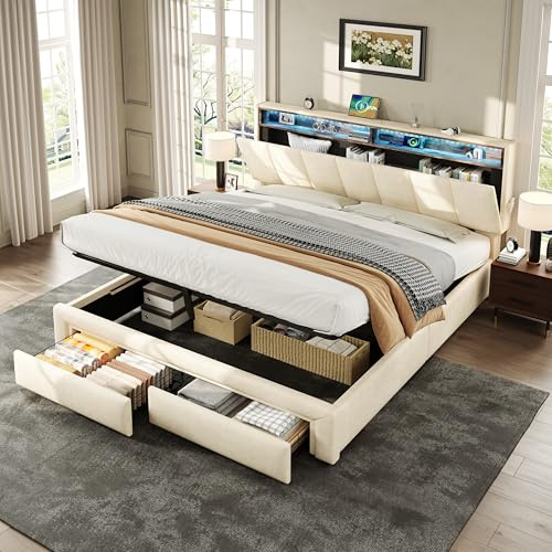 Merax King Size Bed Frame with USB ports, Ottoman Bed with Hydraulic Storage and Drawers, Adjustable LED Headboard with Concealed Storage, Linen, Beige/150x200 cm (No Mattress)