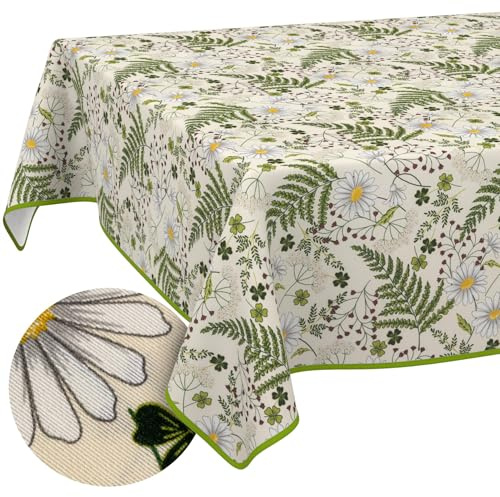 ANRO Tischdecke abwaschbar Kamille Blätter mit Saum 220x140 cm In-/Outdoor | mit Saum eingefasst – Tischwäsche aus beschichtetem Stoff – schmutz- & wasserabweisend, pflegeleicht – waschbar bei 30 °C