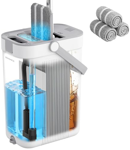 SONGMICS Mocio Lavapavimenti con Secchio, Acqua Pulita/Sporca Separata, Secchio a 3 Scomparti, Strizzatore, Mop Piatto, Testina Girevole a 360°, 3 Panni Microfibra, Grigio e Bianco LMB001WT03
