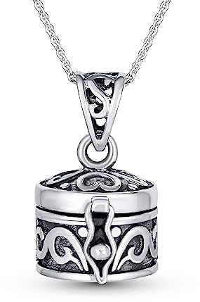 Bling Jewelry Vintage-Style Square Heart Poison Prayer Box Locket Necklace Pendant Memorial Keepsake Holder for Women Teens Oxidized .925 Sterling Silver
