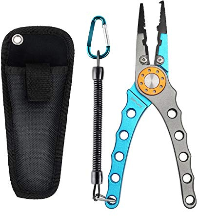 SAN LIKE Pinze da Pesca per Acqua Salata, Pinze ad Anello a Scatto Taglia Treccia per Linea di Pesca Robusto, Forbici da Pesca Accessori con Molle Cordino Portachiavi, Regali di Pesca per Uomini